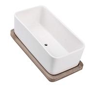 SUPVOX Ceramic Oblong Flower Pot Set with Bamboo Tray White Rectangular Planter for Succulent Bonsai Small Flowers Home Office Balcony