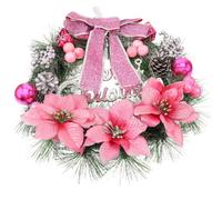 SUPVOX Christmas Wreath Merry Christmas Pine Berries Poinsettia Bow Ball Hanging Decor Front Door Home Wall Window Party Decoration Pendant (Pink) 30cm