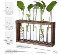 SUPVOX Hydroponic Plant Propagation Station Set with 5 Hanging Glass Test Tubes, 5-Hole Wooden Rack, 2 Cleaning Brushes, and 3 Nail-Free Hooks for Wall-Mounted Plant Terrarium Display
