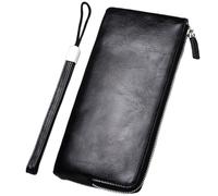 SUPVOX Long Zipper Wallet for Men with Wrist Strap, Lightweight Leather Phone and Card Holder Purse for Travel and Daily Use, Black