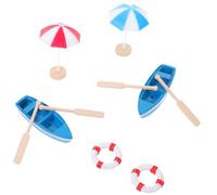 SUPVOX Miniature Beach Scene Decor with Blue Boats Wooden Oars Red Blue Mini Umbrellas and Wooden Swim Rings Realistic Micro Beach Accessories for Dollhouse and Micro Garden Display