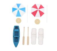 SUPVOX Miniature Beach Style Ornament for Fairy Garden with Red Blue Umbrellas Beach Chairs and Blue Boat Accessories Whimsical Mini Decor for DIY Micro Landscape and Home Craft