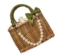 SUPVOX Women’s Rattan Tote Straw Beach Bag with Pearl Chain and Olive Green Ribbon, Hand-Woven Summer Straw Bag for Travel and Seaside Use