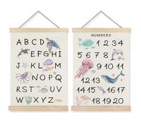 Supwhd Ocean Nursery Decor, Alphabet Numbers Ocean Animals Poster Hanger Frame, Sea Animals ABC 123 Educational Wall Decor for Nursery Kids Room Playroom Classroom Homeschool, 12x16 Set of 2