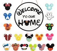SUPYFD 19Pcs Cute Mouse Interchangeable Seasonal Welcome Door Sign for Front Door Decor, Welcome to Our Home Sign with Interchangeable Holiday Pieces for Farmhouse/Wall/Porch Decor and Housewarming