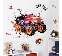 Supzone 3D Racing Car Wall Stickers for Boys Room, Fast Racing Truck Break Through The Wall Vinyl Wall Decals for Kids Room Nursery Playroom Classroom Wall Decor