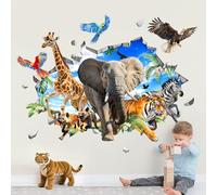 Supzone 3D Safari Animals Wall Stickers Jungle Elphant Giraffe Tiger Leopard Zebra Wall Decals Boy Baby Nursery Kids Bedroom Playroom Decor