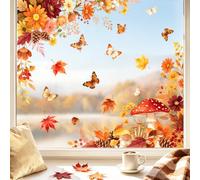 Supzone Fall Window Clings, Watercolor Autumn Floral Mushroom Butterfly Static Stickers, Maple Leaf Pine Cone Berries Window Decals for Thanksgiving Home Glass Door Classroom Party Decor