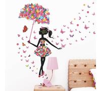Supzone Flower Fairy Wall Decal Girl with Umbrella Wall Sticker Colorful Butterfly Floral Wall Decor DIY Vinyl Mural Art for Girls Baby Nursery Bedroom Living Room Playroom