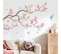 Supzone Flowers Tree Wall Stickers Pink Magnolia Tree Branch Birds Wall Decals Spring Wall Art Decor for Living Room Bedroom Sofa TV Background Decor