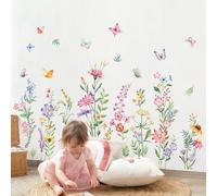 Supzone Garden Flower Wall Stickers Large Watercolor Wildflower Daisy Floral Butterflies Wall Decals for Girls Bedroom Living Room Home Office Wall Decor