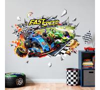 Supzone Large 3D Racing Car Wall Stickers Break Through Hot Wheels Wall Art Decals for Boys Kids Bedroom Playroom Decor