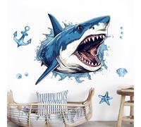 Supzone Large 3D Shark Opening Mouth Wall Stickers for Boys Room, Self-Adhesive Ocean Theme Vinyl Wall Decals for Kids Bedroom Nursery Playroom Classroom