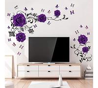 Supzone Purple Rose Wall Stickers Rose Flower Vine Wall Decal Purple Peony Floral Wall Decor DIY Vinyl Mural Art for Bedroom Living Room Sofa Backdrop TV Wall Decoration