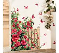Supzone Rose Flowers Wall Stickers Rambling Rose Vine Fence Wall Decals Romantic Red Rose Wall Art Decor for Living Room Bedroom Entry Home Decor