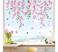Supzone Spring Cherry Blossom Flowers Window Stickers Summer Pink Hanging Tree Branch Window Decals Anti-Collision Window Clings for Home Office Classroom Decor