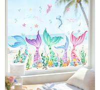 Supzone Summer Mermaid Window Stickers Ocean Window Clings Under The Sea Static Window Decals Anti-Collision Glass Stickers for Girls Bedroom Bathroom Home Store Decorations