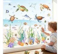 Supzone Summer Sea Turtle Window Stickers Double Sided Window Clings Under The Sea Ocean Seaweed Static Window Decals Anti-Collision Glass Stickers for Home Bathroom Classroom Decorations