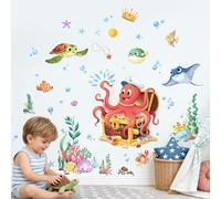 Supzone Under The Sea Wall Stickers Ocean Turtle Octopus Underwater Treasure Hunt Series Wall Art Decals for Baby Nursery Boy Girl Bedroom Bathroom Décor