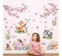 Supzone Woodland Animals Flower Tree Wall Stickers Large Pink Cherry Blossom Tree Branch Wall Decals for Girls Nursery Kids Baby Living Room Bedroom Home Decor