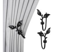 SUQ I OME 1 Pair of Leaf Shaped Curtain Holdbacks Metal Curtain Side Holders for Wall, Antique Brass Curtain Tieback Hook Pull Backs for Drapes Window Home Decoration,Black