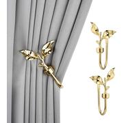 SUQ I OME 1 Pair of Leaf Shaped Curtain Holdbacks Metal Curtain Side Holders for Wall, Antique Brass Curtain Tieback Hook Pull Backs for Drapes Window Home Decoration,Golden