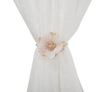 SUQ I OME 4 Pack of Curtain Tiebacks, Elegant Pearl Magnetic Curtain Tieback with Handmade Flower Decorative Drapery Holdbacks Rope Holder for Home, Office,Beige