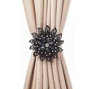 SUQ I OME Classic Luxury Big Crystal Curtain Magnetic Tieback Flower Curtain Clips Buckle with Stretchy Wire Rope for Home Office Decoration(Black,2PCS)