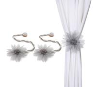 SUQ I OME Handmade Crystal Pearl Beaded Curtain Tieback, Gray, 1 Pair | Magnetic, Flower Design, For Drapes, Holdback