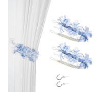 SUQ I OME Handmade Flower Curtain Tiebacks, Polyester, Blue, 16.5 inch | Handmade Flower, Farmhouse Holdbacks, Curtain Holder, With Hook