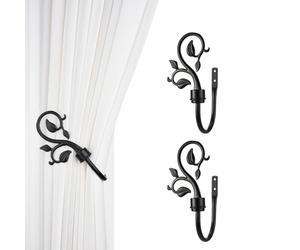 SUQ I OME Leaf Shaped Curtain Holdbacks, Black, 1 Pair | Handmade Metal, Wall Mount, Antique Brass Style, For Drapes Window Home Decoration
