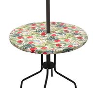 SUQ I OME Outdoor Tablecloth with Umbrella Hole Zipper Elastic Fitted Table Cover for Patio Picnic Party Fits 36-44" Diameter Round Tables(Beige Red, Small)