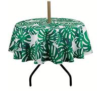 SUQ I OME Patio Outdoor Tablecloth with Umbrella Hole,Garden Tablecloth with Umbrella Hole and Zipper,Table Cloths for Host Backyard Parties, BBQs,Family Gatherings(Leaf Green,60'' Round with Zipper)