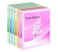 SUQJOY 0.5 inch 3-Ring Binder, 1/2 inch Round Ring Binder with 2 Inside Pockets, Clear View Cover Binder Holds 8.5'' x 11''Paper，Binders for Office/Home/School Supply, 6 Pack (Assorted 6 Colors)