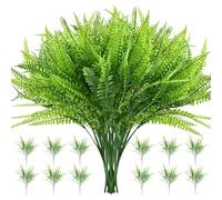 SuQurtom 12pcs Artificial Fern Plants, Outdoor Plastic Greenery, Fake Fern Leaves, UV Resistant Faux Green Plants Foliage Bushes Shrubs for Garden, Patio, Balcony Home Indoor Outdoor Décor
