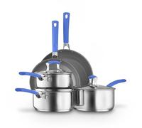 Sur La Table SLT800310BLU Colour Me Happy 5 Piece Cookware Set, 16/18/20cm Saucepans, 24/28cm Frying Pans, 360° Pouring Lips, Comfortable Grip, High Quality Stainless Steel, Induction Compatible, Blue