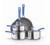 Sur La Table SLT800310BLU Colour Me Happy 5 Piece Cookware Set, 16/18/20cm Saucepans, 24/28cm Frying Pans, 360° Pouring Lips, Comfortable Grip, High Quality Stainless Steel, Induction Compatible, Blue