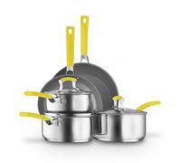 Sur La Table 5 Piece Yellow Colour Me Happy Cookware Set, 16/18/20cm Saucepans, 24/28cm Frying Pans, 360° Pouring Lips, Comfortable Yellow Grip, Stainless Steel, Induction Compatible, SLT800310YLW