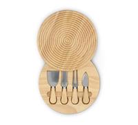 Sur La Table 5pc Cheeseboard Set with 3 Stainless Steel Knives and a Cheese Fork in Concealed Tray, Made from Hevea Wood with FSC Certified Materials, 24.6 x 24.6 x 3.4cm, Natural Wood