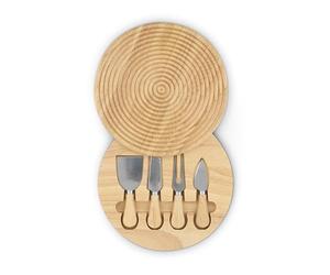 Sur La Table 5pc Cheeseboard Set with 3 Stainless Steel Knives and a Cheese Fork in Concealed Tray, Made from Hevea Wood with FSC Certified Materials, 24.6 x 24.6 x 3.4cm, Natural Wood