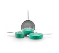 Sur La Table SLT800320GRN Colour Me Happy 4pcs Cookware Set, Frying Pan, Saucepan, Casserole, Multi-Pan, 10x Stronger Ceramic Coating, Lids with Steam Release, Induction Compatible, Aluminium, Green