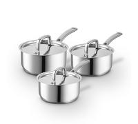 Sur La Table Core 3 Piece Saucepan Set with Lids, Riveted Steel Handles, Induction Compatible, 16cm/18cm/20cm Saucepans, Stainless Steel, SLT900224