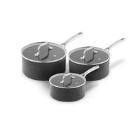 Sur La Table Hard Anodised 3 Piece Saucepan Set with Tempered Glass Lids, Riveted Steel Handles, 10x Stronger Superior Non-Stick Ceramic Coating, Induction Compatible, Grey, SLT800370