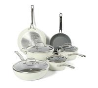 Sur La Table Kitchen Essentials 10 Piece PFA Free Non-Toxic Titanium Ceramic Nonstick Interior Forged Aluminum Cookware Pots and Pans Set - Linen White - Induction Compatible