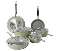 Sur La Table Kitchen Essentials 10 Piece PFA Free Non-Toxic Titanium Ceramic Nonstick Interior Forged Aluminum Cookware Pots and Pans Set - Green - Induction Compatible