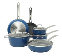 Sur La Table Kitchen Essentials Cool Commune Hard Anodized 10 Piece PFA Free Ceramic Non stick Interior Forged Durable Aluminum Pots and Pans Cookware Set - Blue - Induction Compatible