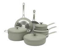Sur La Table Kitchen Essentials Potluck Porch 10 Piece PFA Free Ceramic Non Stick Interior Forged Aluminum Cookware Pots and Pans Set W/Aluminum Lids - Green - Induction Compatible