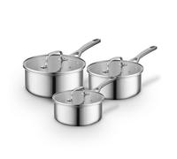 Sur La Table Tri-Ply 3 Piece Saucepan Set with Tempered Glass Lids, Satin Interior Finish, 16cm/18cm/20cm Saucepans, Induction Compatible, Stainless Steel