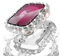 Surace 2 in 1 Waterproof Bling Case Compatible for Apple Watch Series 9/8/7 45mm Screen Protector, Lace Edge Diamond Protective Bumper Face Cover for iWatch Accessories Women 45mm, Silver