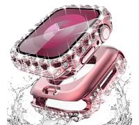Surace 2 in 1 Waterproof Bling Case for Apple Watch Series 9 8 7 41mm | Lace Edge Diamond Protective Bumper Cover Built-in Tempered Glass Screen Protector, PC Front Bumper & Hollow Back, Pink